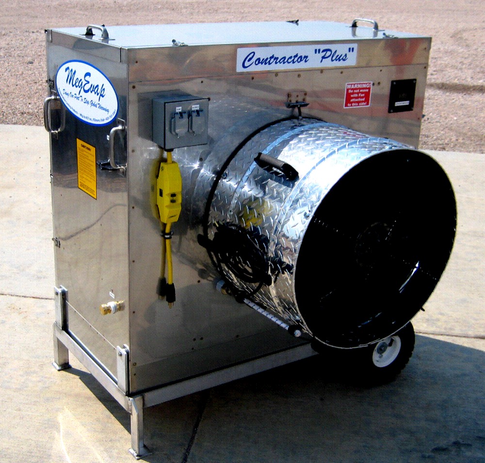 A stainless steel Contractor Plus portable cooler on wheels, with its diamond-plate fan attached to the front